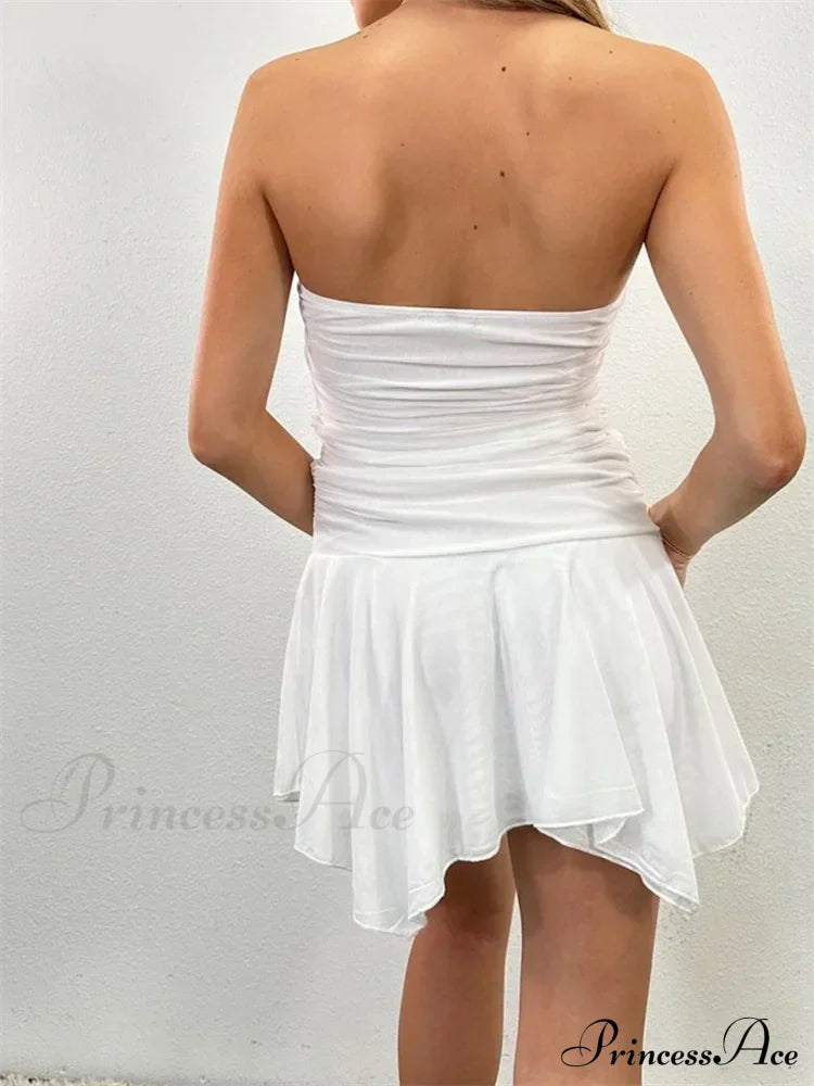 Strapless Backless Irregular Hem Pleated Solid Mini Dress