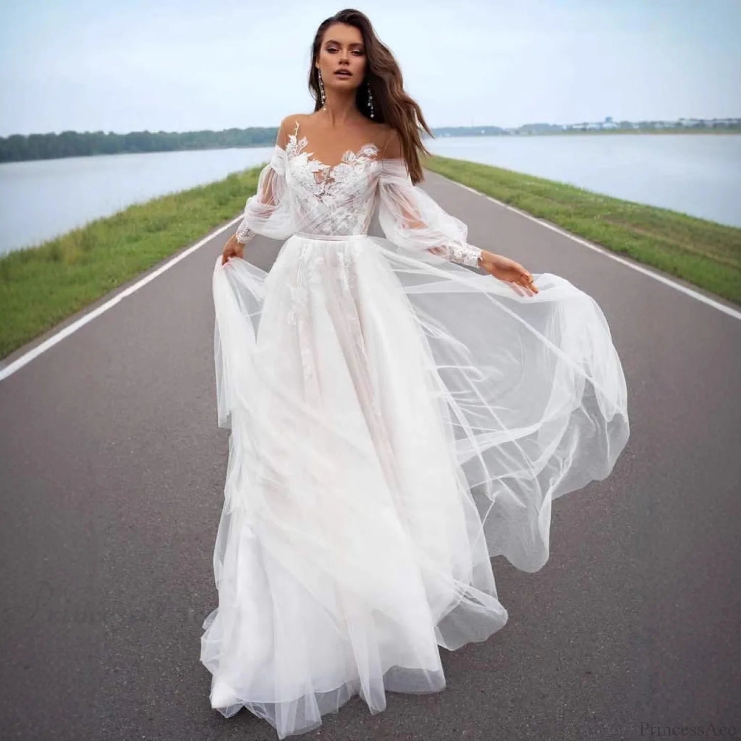 Strapless Bubble Sleeve Sheer Wedding Dress lvory white / 2 weddingdress-250223
