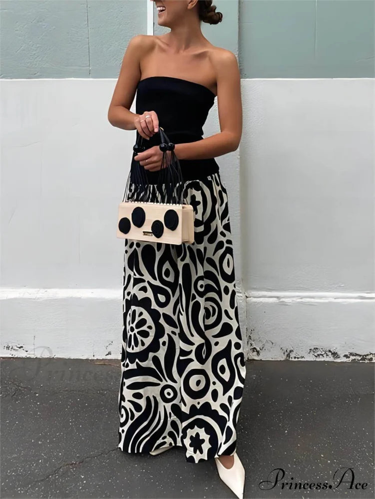 Strapless Floral Stylish Print Midi Dress Black / S Dresses