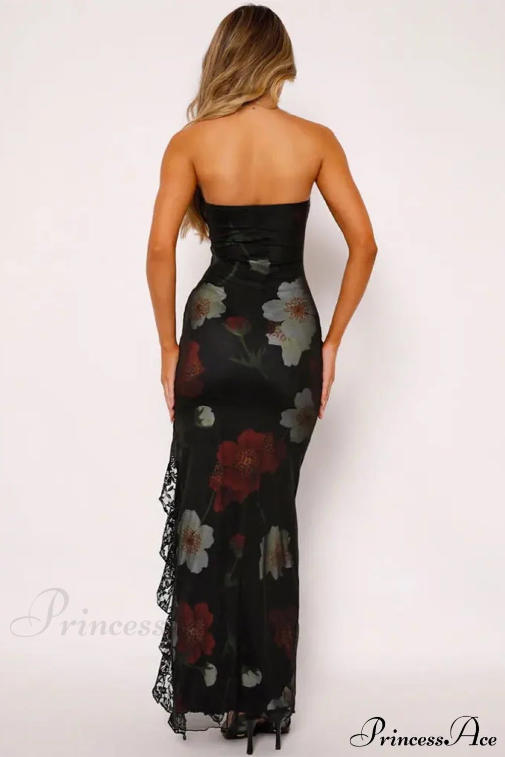 Strapless Print Lace Vent Backless Split Boho Dress