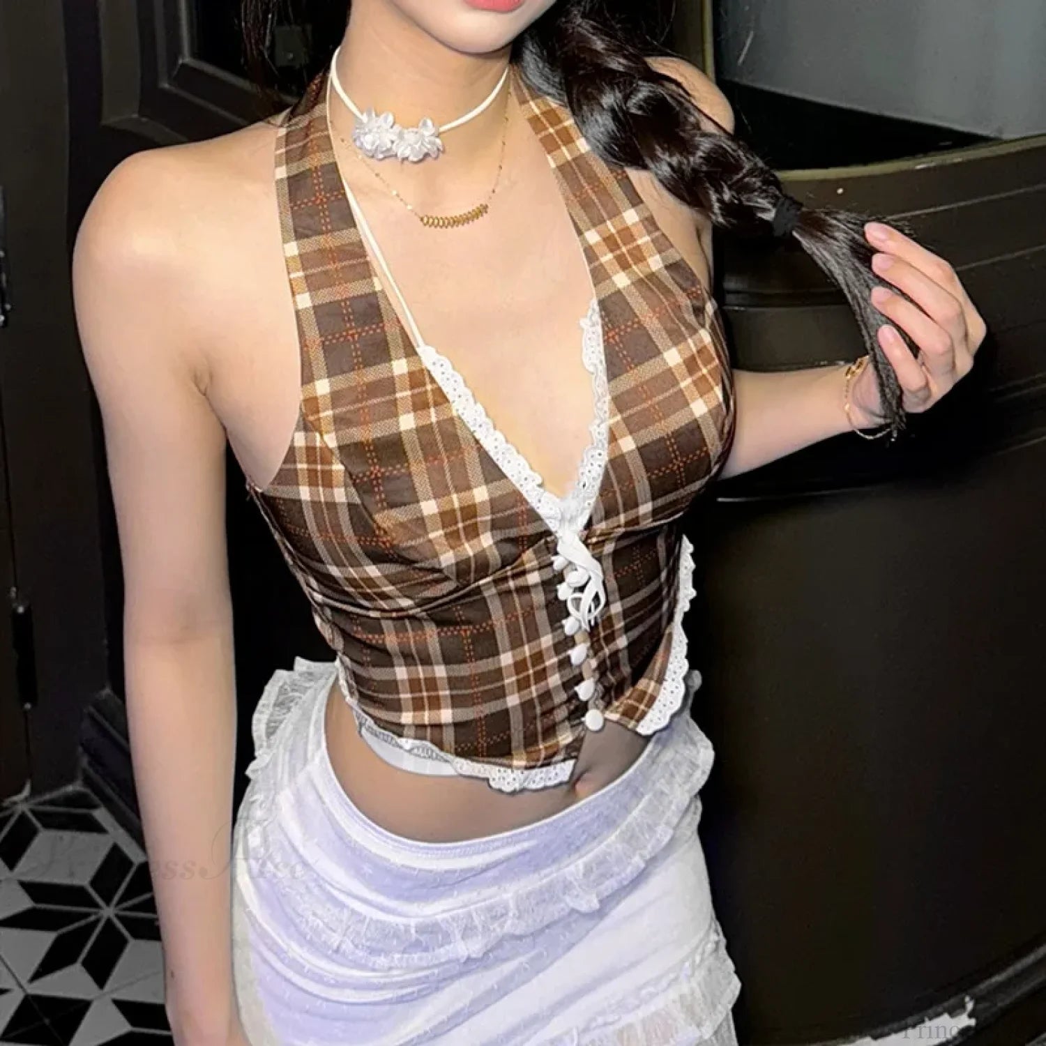 Strapless Lace Mesh Coquette Korean Aesthetic Tank Brown / S croptop-250126