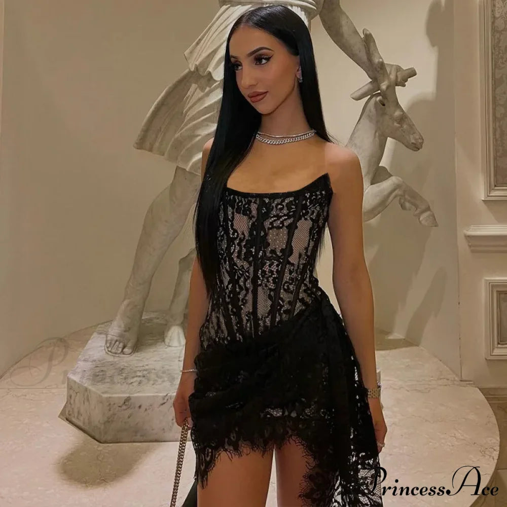 Strapless Lace Trim Corset Party Club Mini Dress