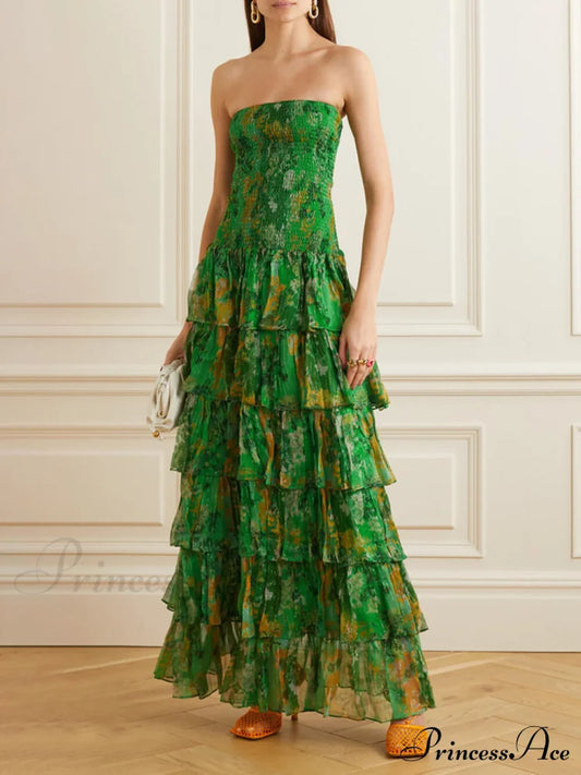 Strapless Layered Bandeau Charming Floral Print Maxi Dress Green / S Dresses