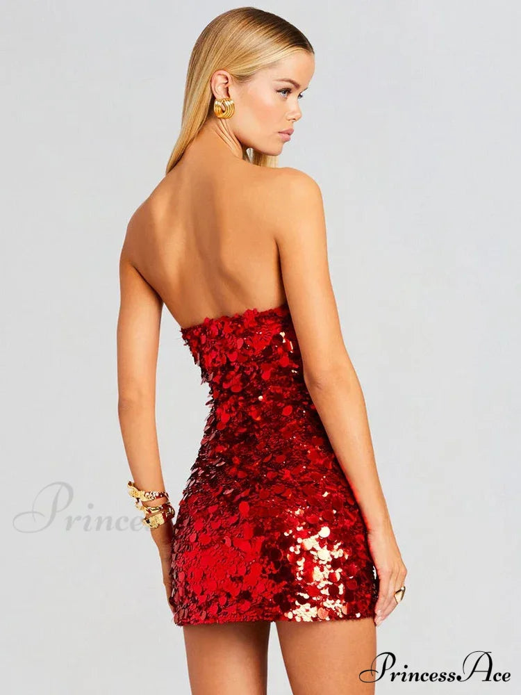 Strapless Mini Sequin Party Dress Red / S Partydress-241208