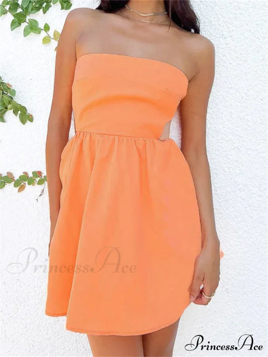 Strapless Off Shoulder Tube Sexy Hollow Out Backless Mini Dress Orange / S