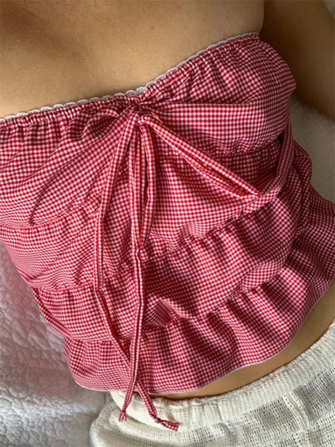 Strapless Plaid Ruched Backless Tube Crop Top PINK / S croptop-250126
