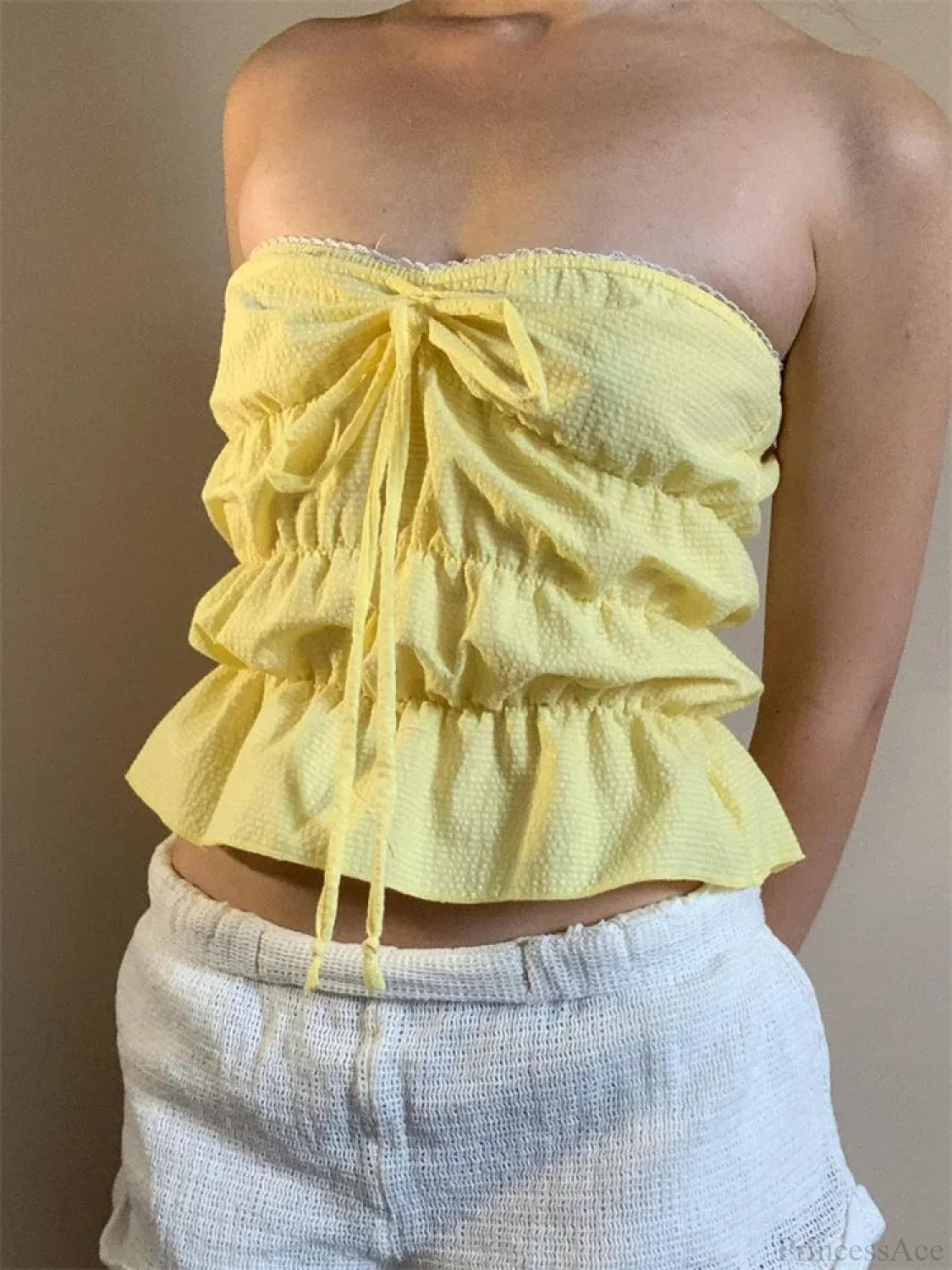 Strapless Plaid Ruched Backless Tube Crop Top YELLOW / S croptop-250126