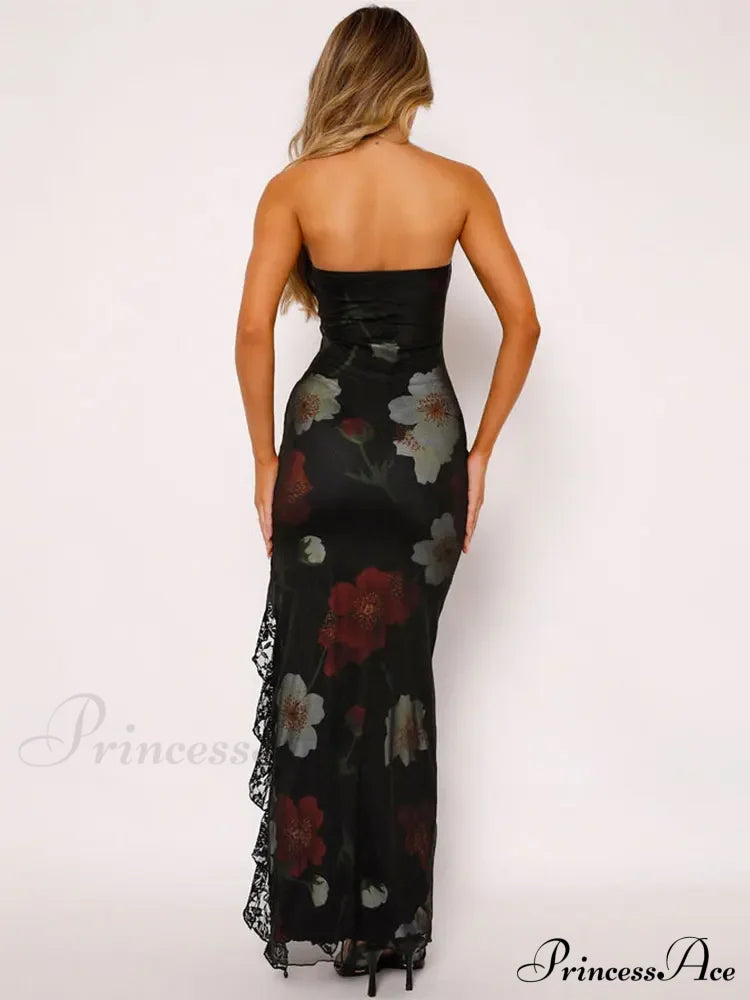 Strapless Print Lace Vent Backless Split Boho Dress