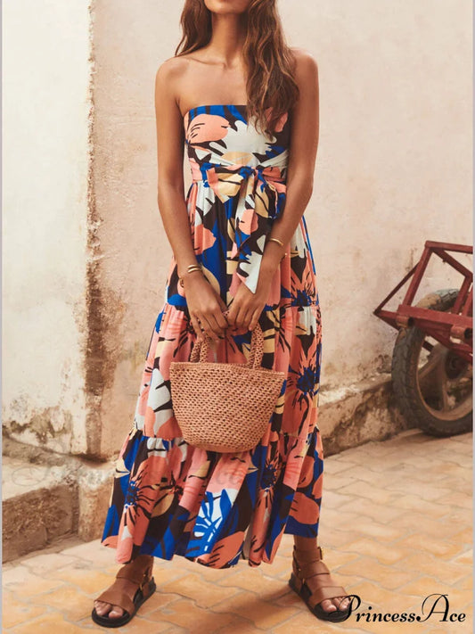 Strapless Printed Stylish Maxi Dress Orange / S Dresses