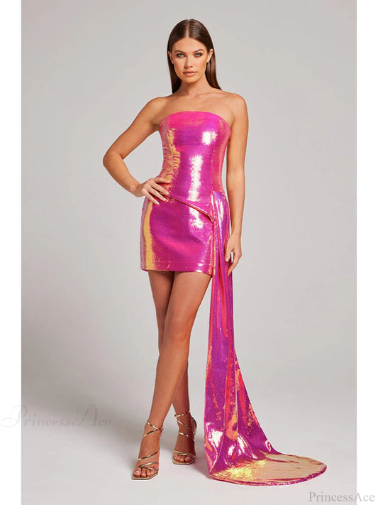 Strapless Sequin Wrap Waist Two Piece Prom Dress rose red / S promdress-250223