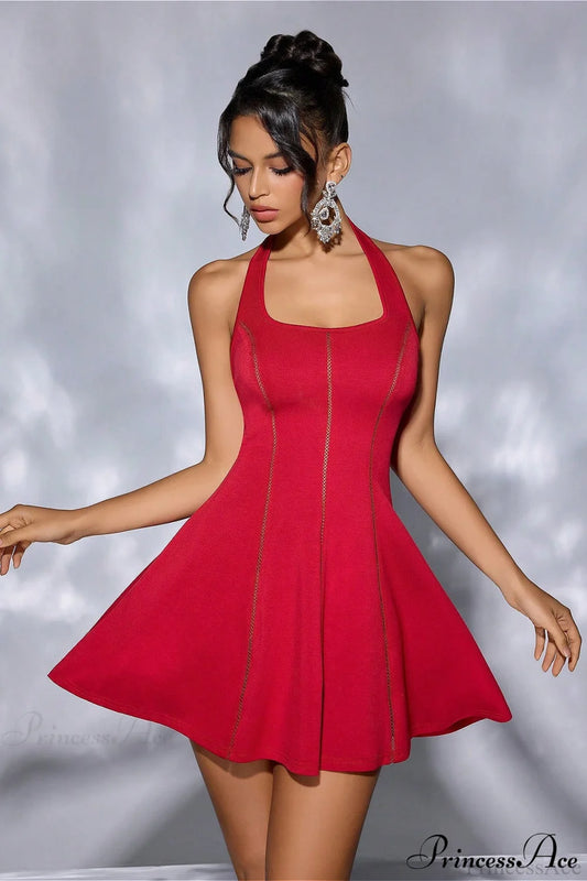 Strapless Tie Open-Back Paneled Short Party Dress Red / S