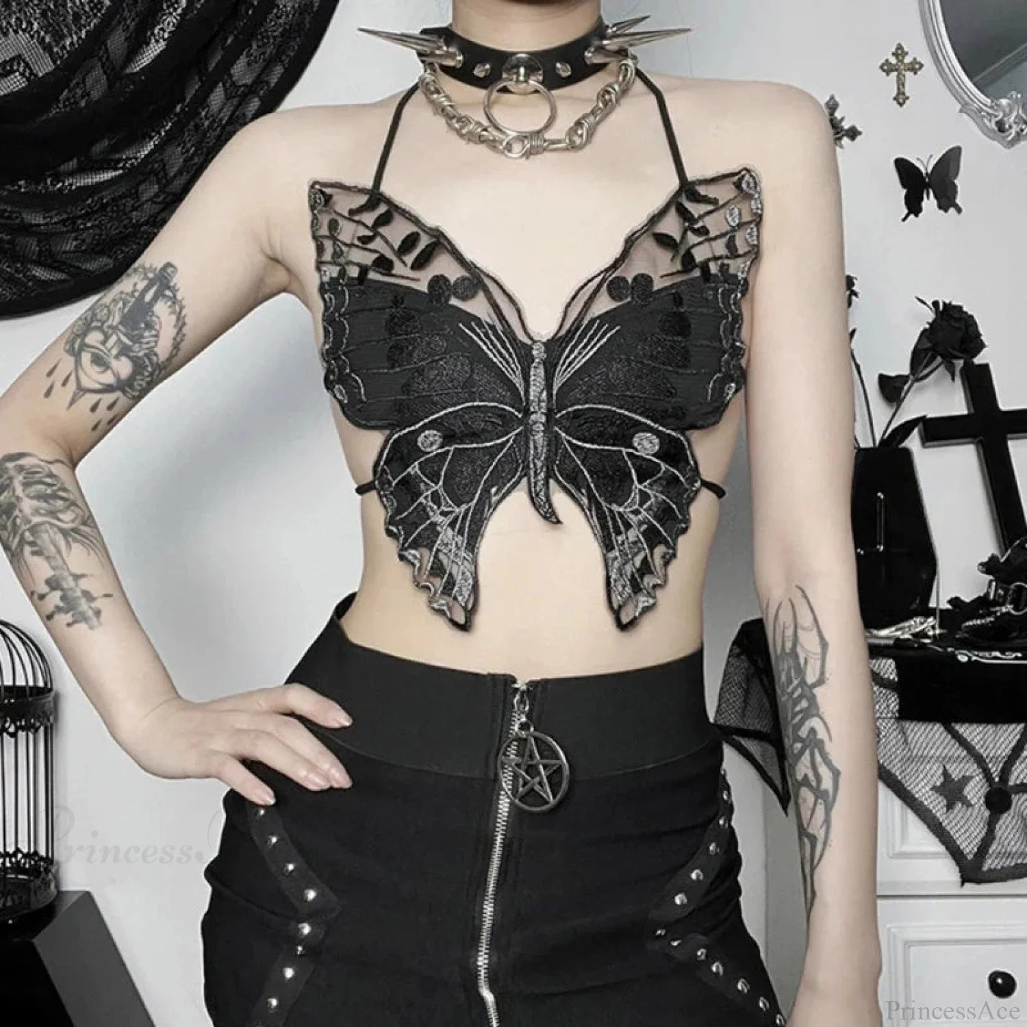 Strappy Bound Lace Butterfly Crop Top Black