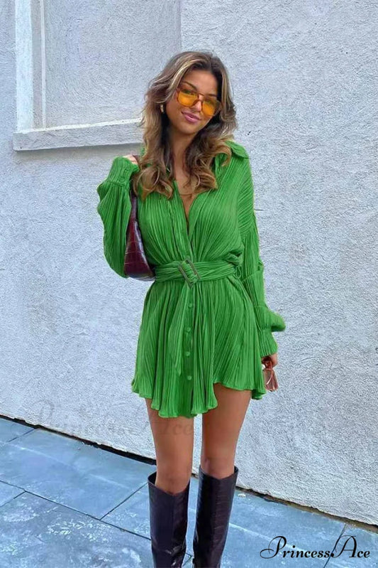 Strappy Waisted Pleated Shirts Dress Green / S Mini Dresses