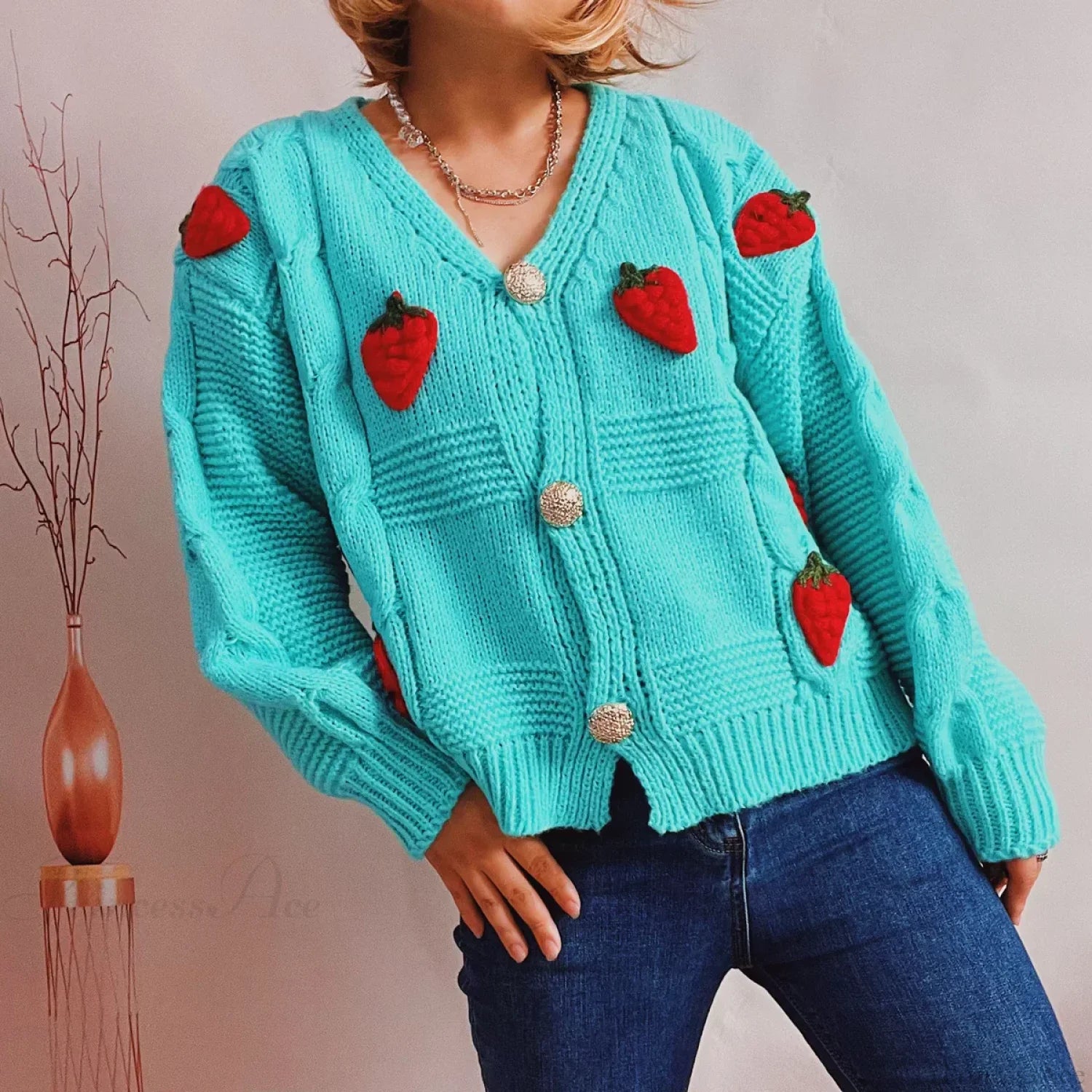 Strawberry Print Loose Fitting Knit Cardigan Light Green / One Size cardiagn-250126
