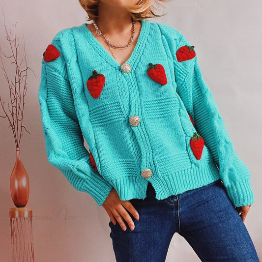 Strawberry Print Loose Fitting Knit Cardigan Light Green / One Size cardiagn-250126