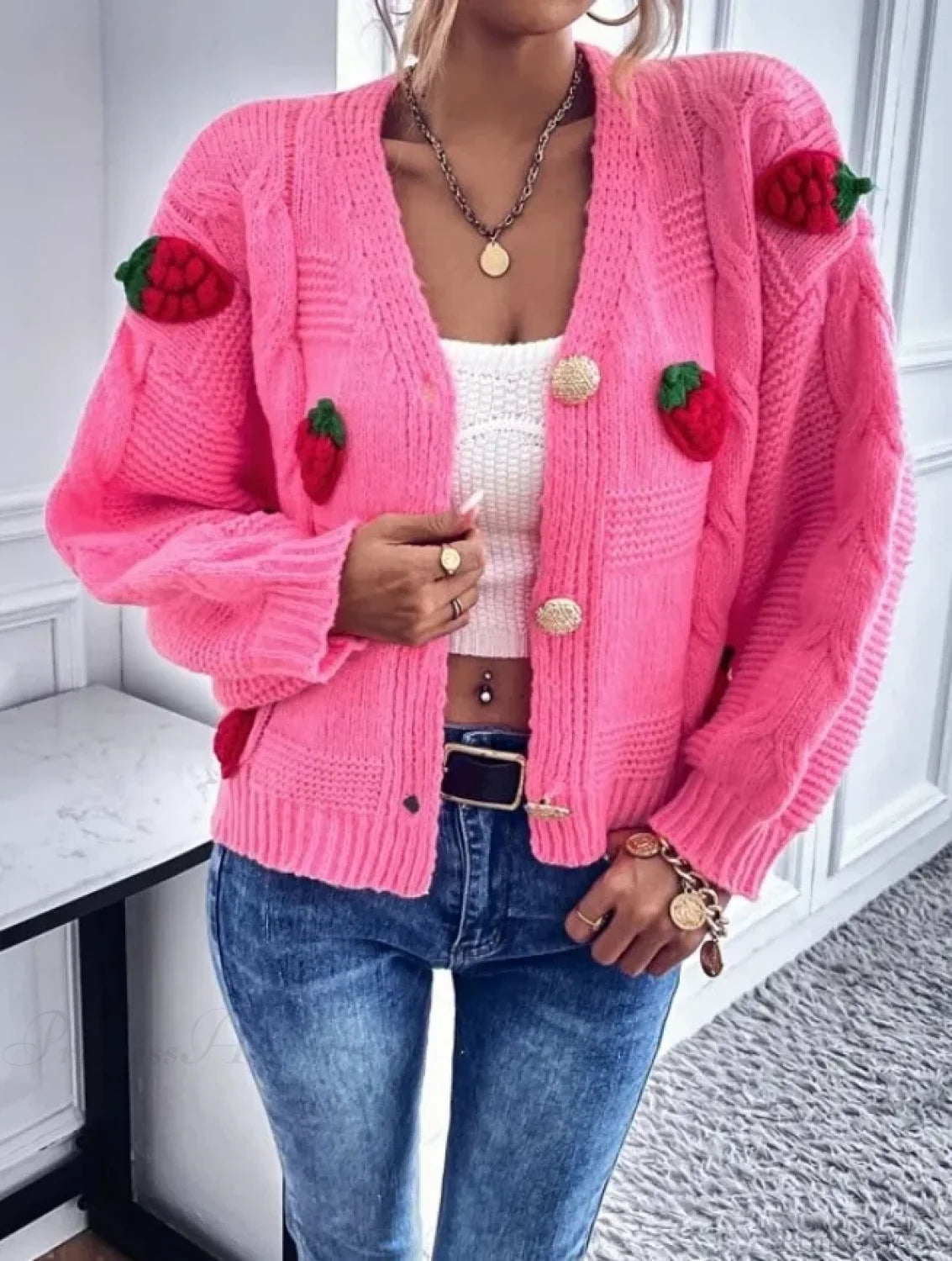 Strawberry Print Loose Fitting Knit Cardigan Pink / One Size cardiagn-250126