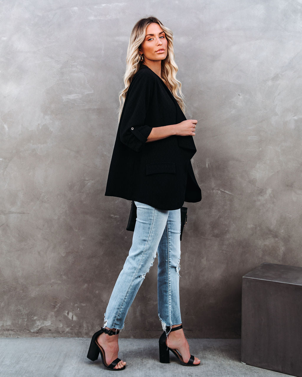 Pocketed Textured Blazer - Black