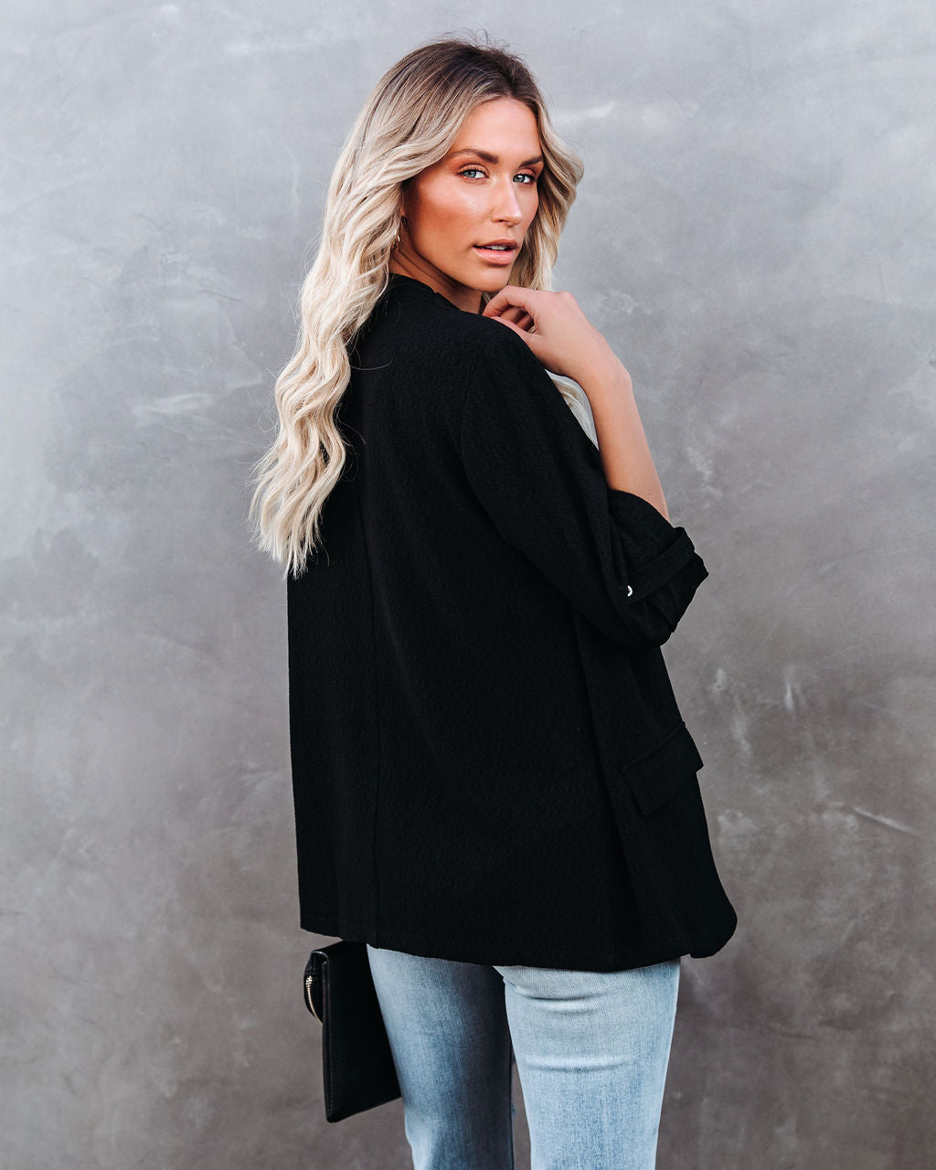 Pocketed Textured Blazer - Black