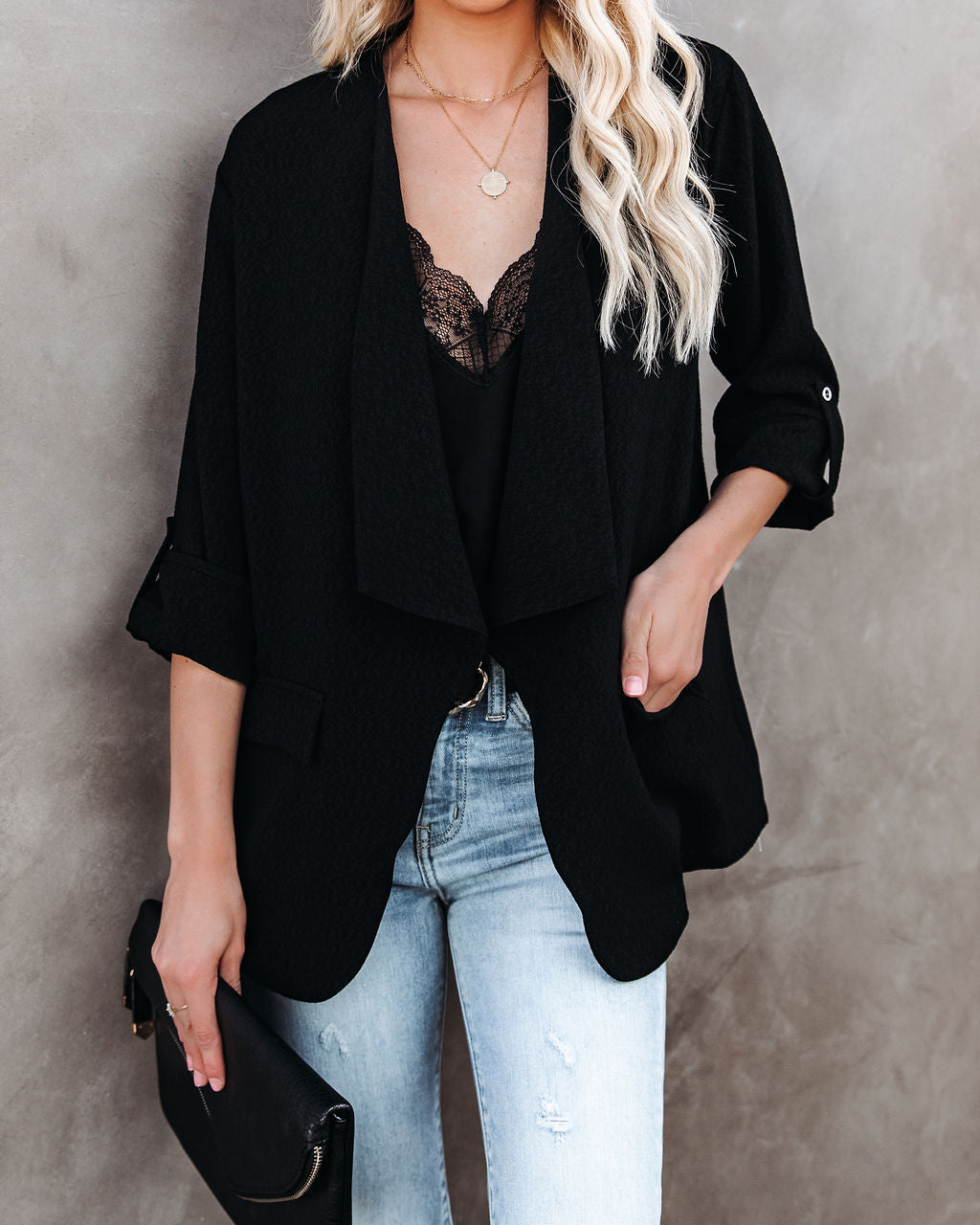 Pocketed Textured Blazer - Black