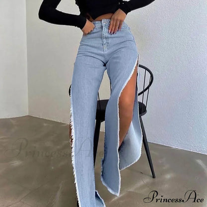 Street Hipster Double-Slit Wide-Leg Denim Jeans