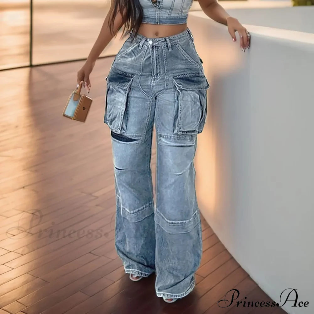 Street Patchwork High Waist Straight Leg Jeans