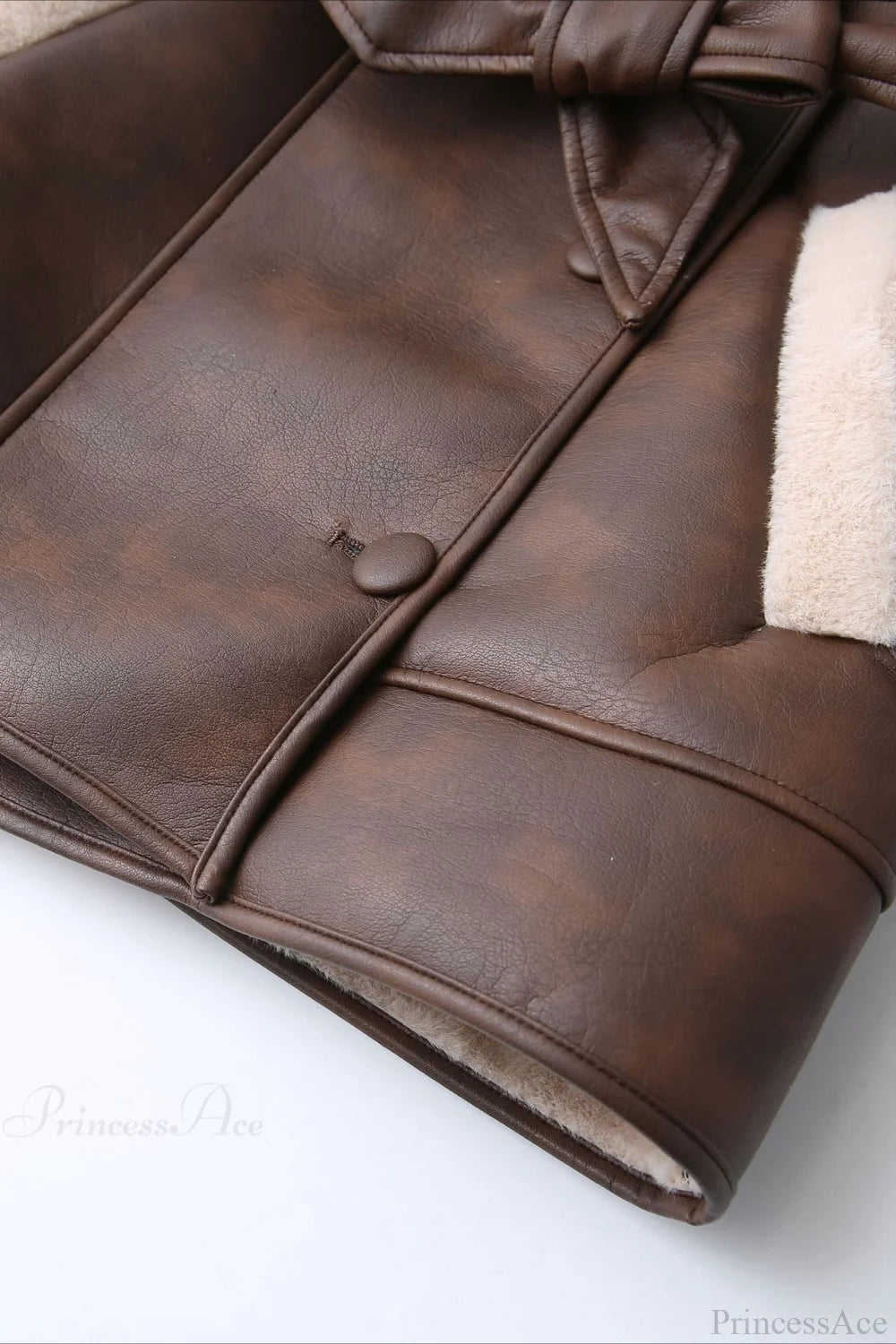 Street Style Color Block Tie Waist Faux Leather Coat