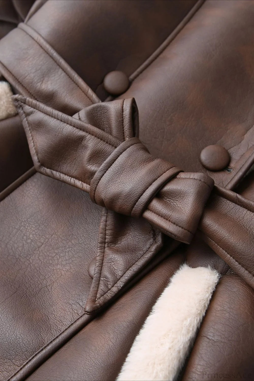 Street Style Color Block Tie Waist Faux Leather Coat