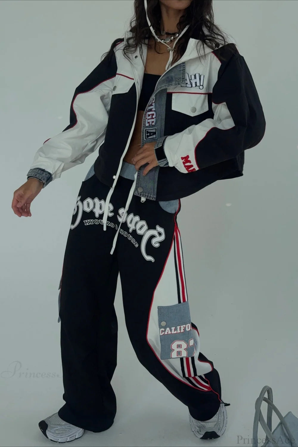 Street Style Denim Paneled Slim Fit Jacket Pants Two Piece Set