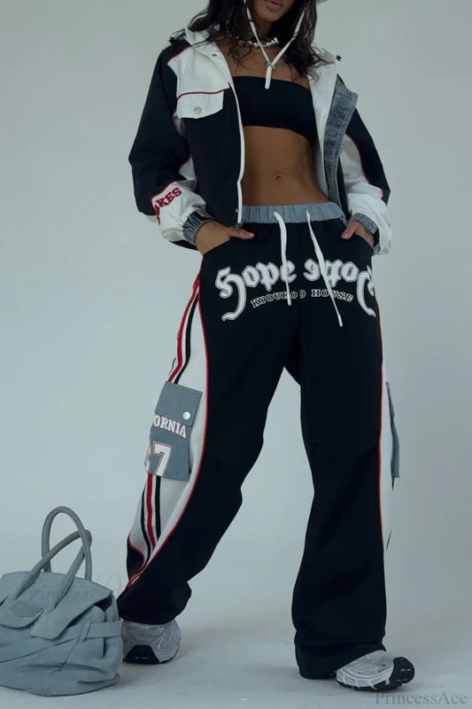 Street Style Denim Paneled Slim Fit Jacket Pants Two Piece Set Black / S