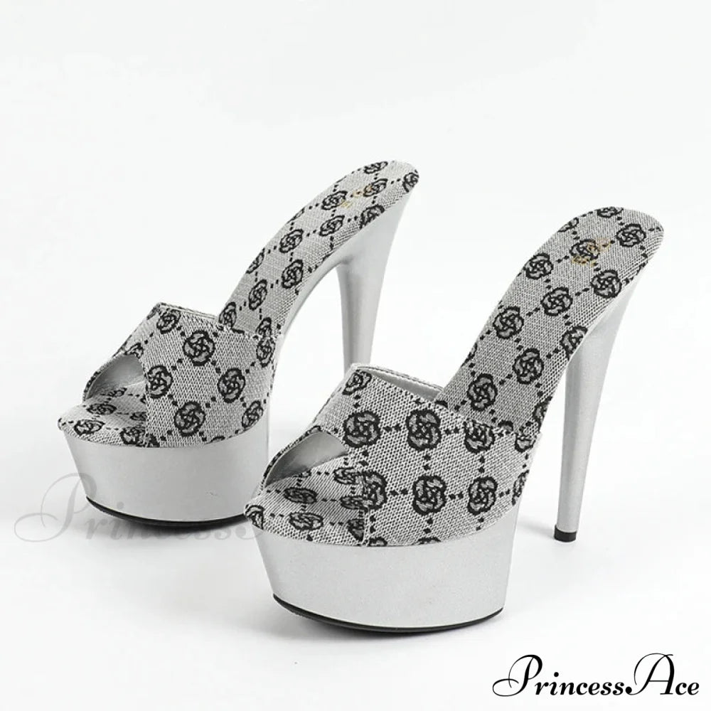 Street-Style Sexy Platform Peep-Toe Super-High Party Prom Slippers Slender High Heel Silver / 34