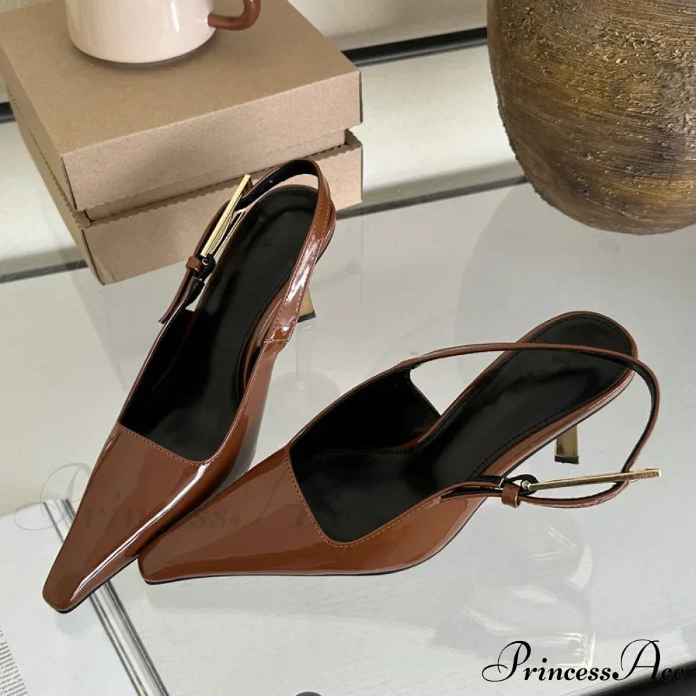 Street Style Sexy Pointed Metal Buckle Strap Slingback Square Toe Low Heel Pump