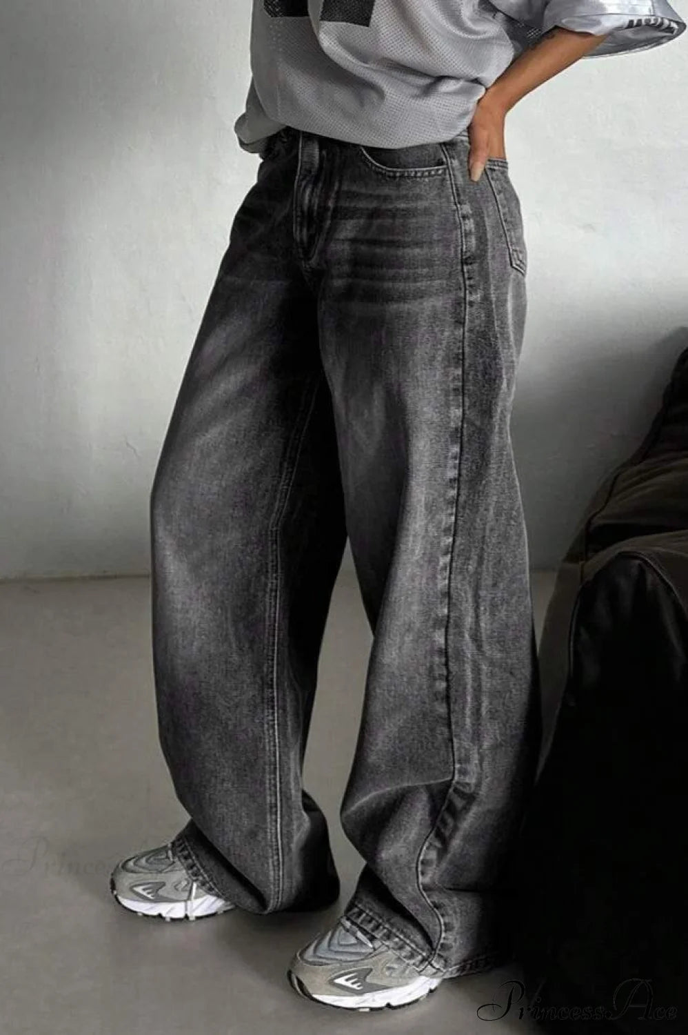 Street Vintage Smoky Gray Washed Wide Leg Jeans