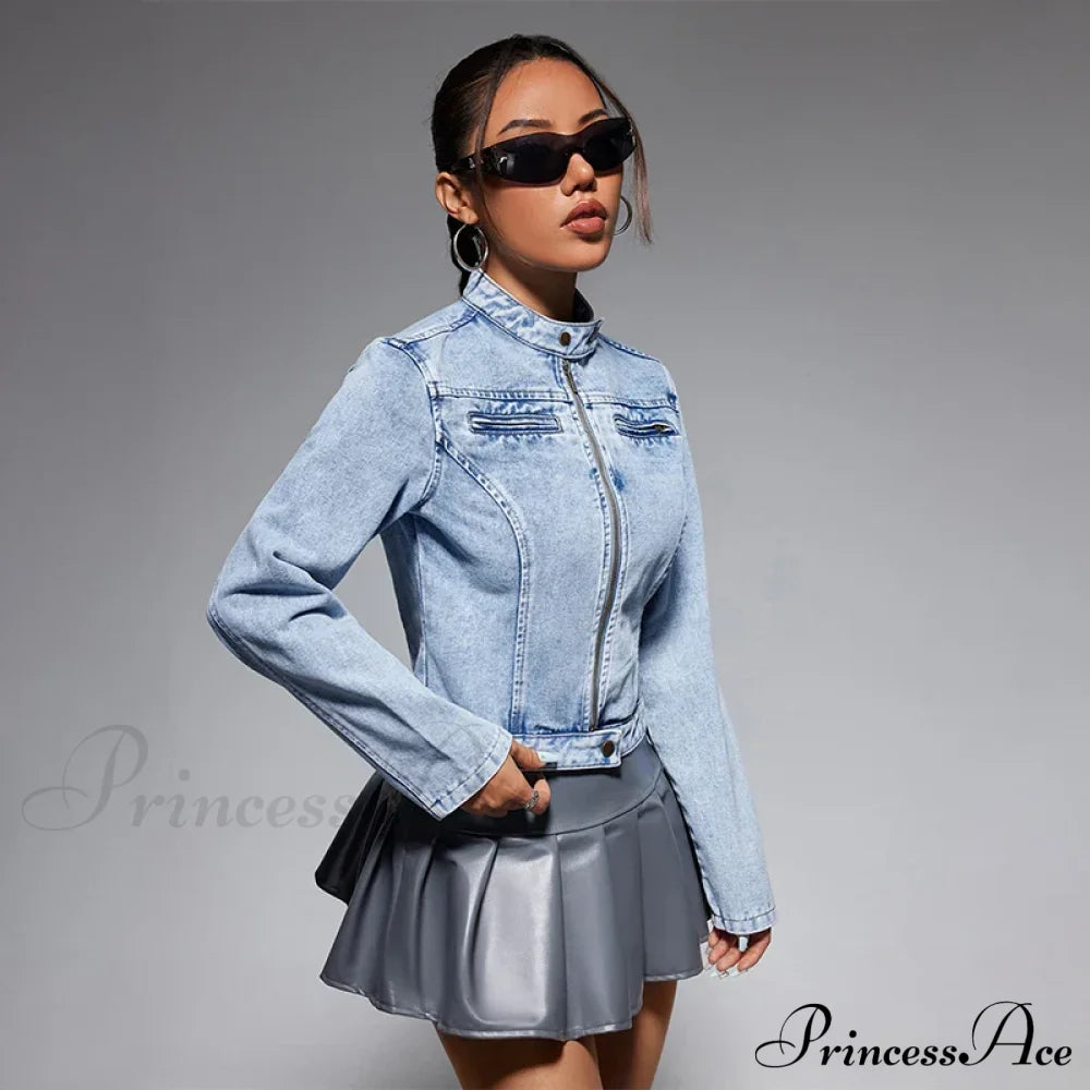 Streetwear Denim Cropped Gothic Button Ripped Bomber Long Sleeve Jacket