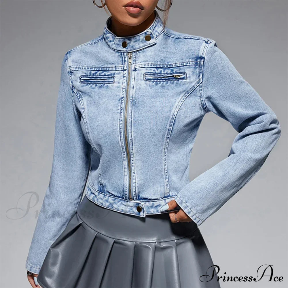 Streetwear Denim Cropped Gothic Button Ripped Bomber Long Sleeve Jacket