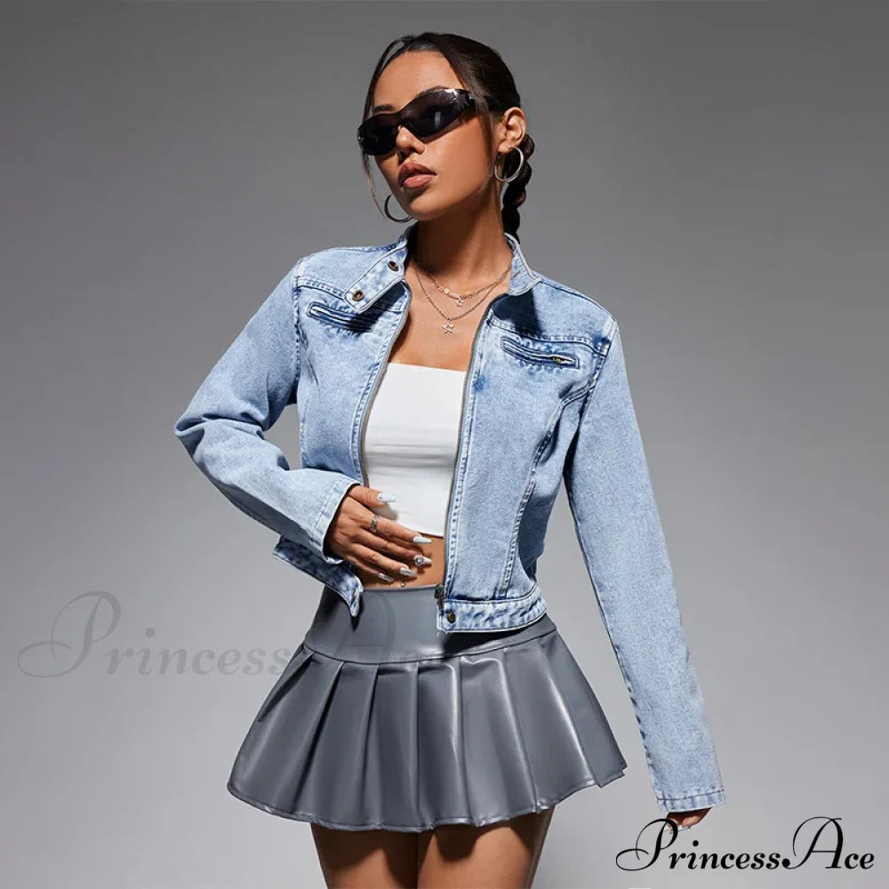 Streetwear Denim Cropped Gothic Button Ripped Bomber Long Sleeve Jacket