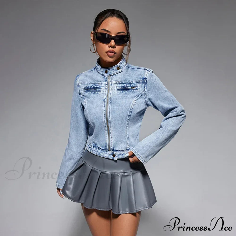 Streetwear Denim Cropped Gothic Button Ripped Bomber Long Sleeve Jacket