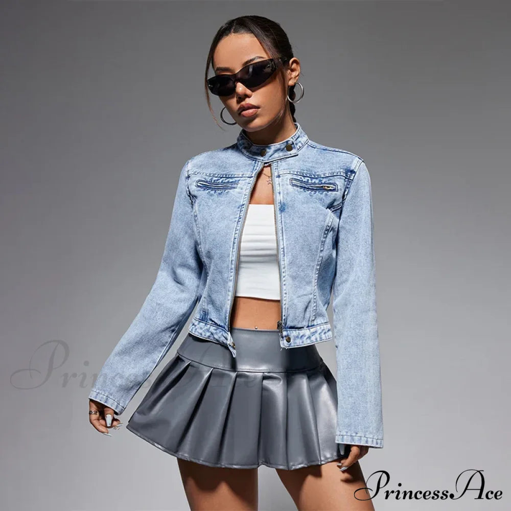 Streetwear Denim Cropped Gothic Button Ripped Bomber Long Sleeve Jacket