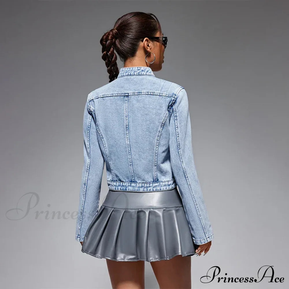 Streetwear Denim Cropped Gothic Button Ripped Bomber Long Sleeve Jacket