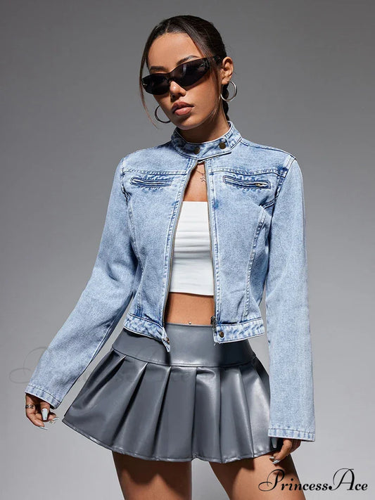 Streetwear Denim Cropped Gothic Button Ripped Bomber Long Sleeve Jacket Blue / Xs