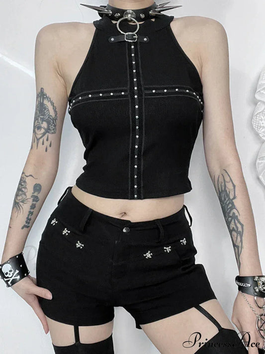 Streetwear Gothic Black Dark Cyber Punk Patchwork Cross Alt Grunge Crop Top Halloween