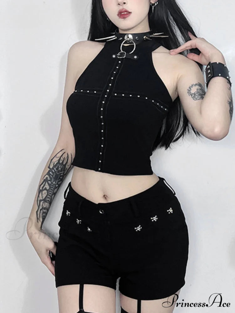 Streetwear Gothic Black Dark Cyber Punk Patchwork Cross Alt Grunge Crop Top Halloween