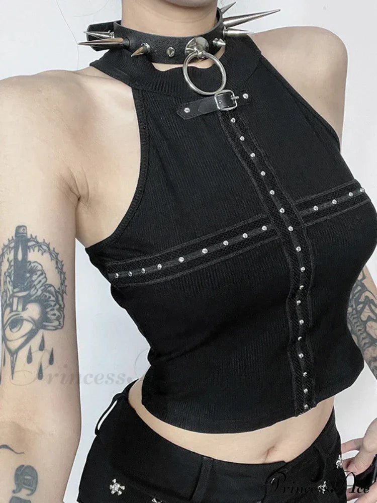 Streetwear Gothic Black Dark Cyber Punk Patchwork Cross Alt Grunge Crop Top Halloween