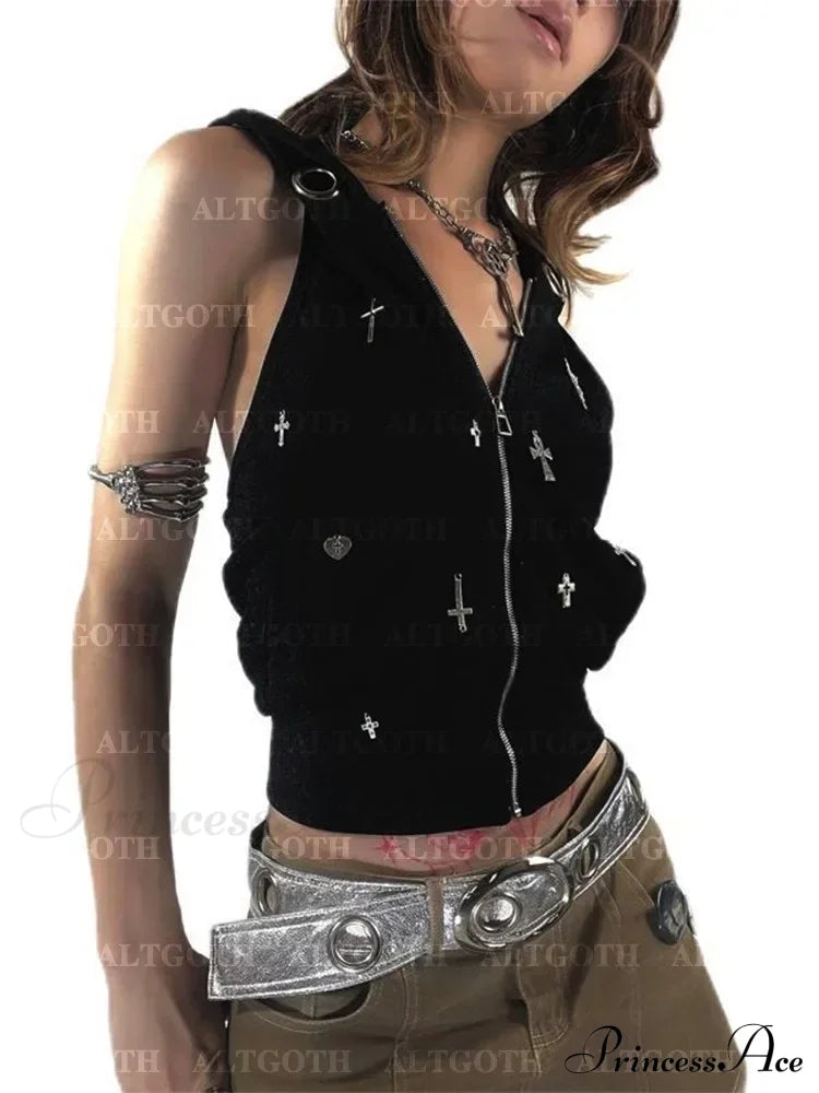 Streetwear Gothic Dark Vest Cyberpunk Cross Hooded Alt Grunge Crop Top Halloween