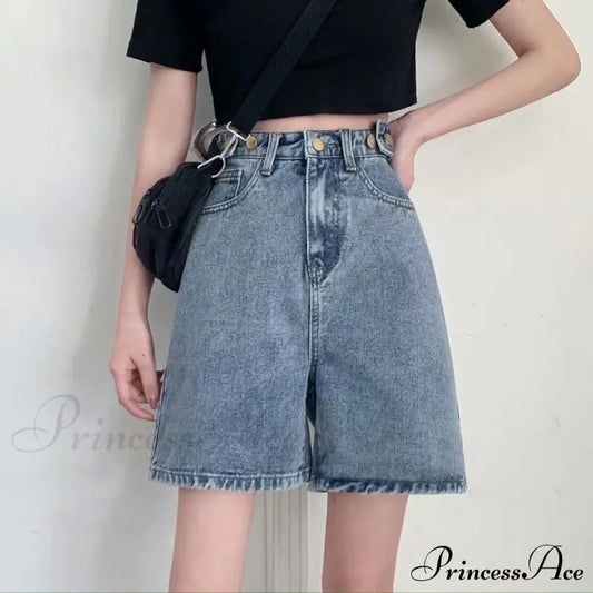 Streetwear Summer Half High-Waisted Belted Loose Female Short Fashion Jean Blue / S