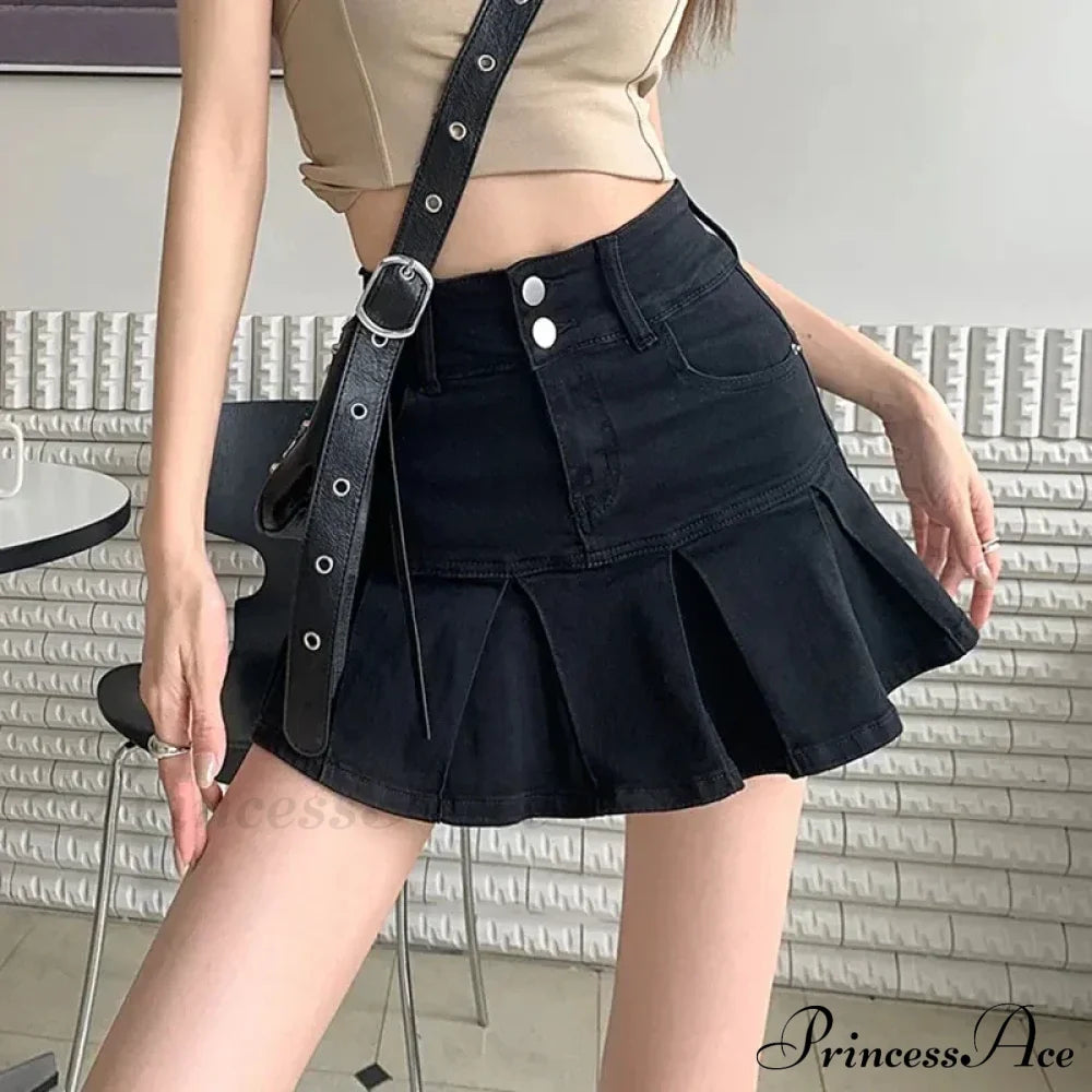 Streetwear Waist Gothic Black Pleated Autumn Skirt