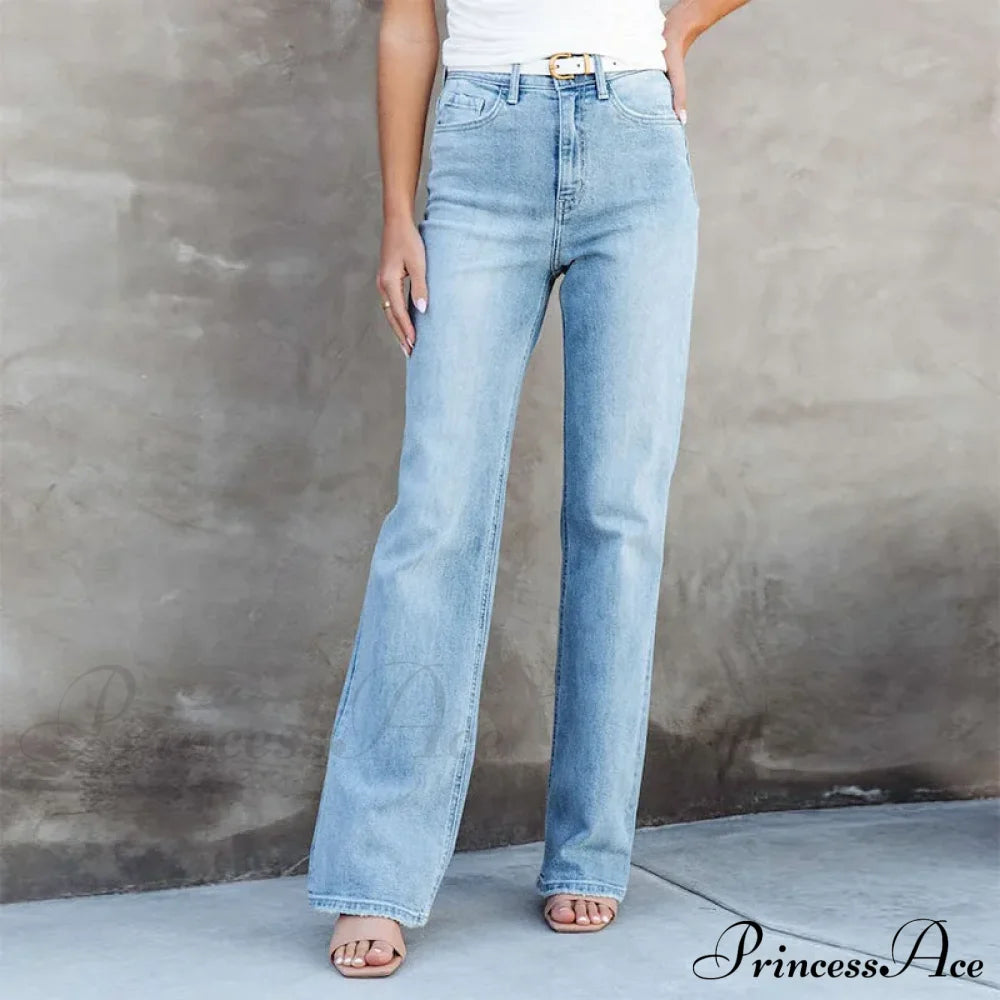 Stretch Blue High Waist Loose Wide Leg Vintage Fashionable Washed Straight Casual Jean / S