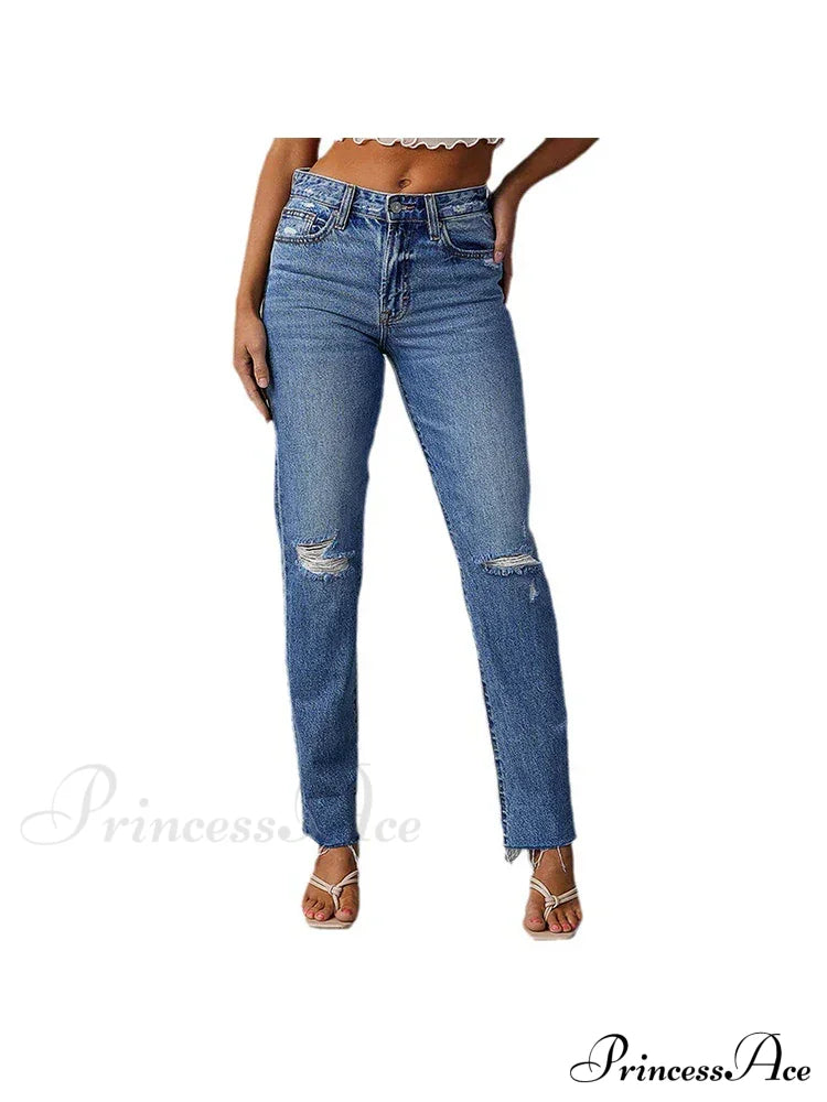 Stretch Blue High Waist Ripped Casual Fashion Streetwear Denim Jean