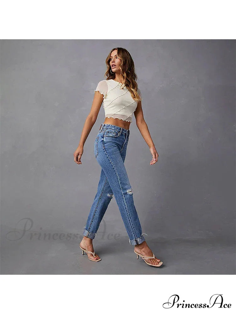 Stretch Blue High Waist Ripped Casual Fashion Streetwear Denim Jean