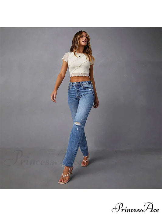 Stretch Blue High Waist Ripped Casual Fashion Streetwear Denim Jean