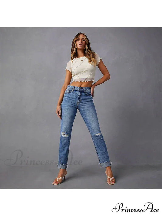 Stretch Blue High Waist Ripped Casual Fashion Streetwear Denim Jean Dark / S